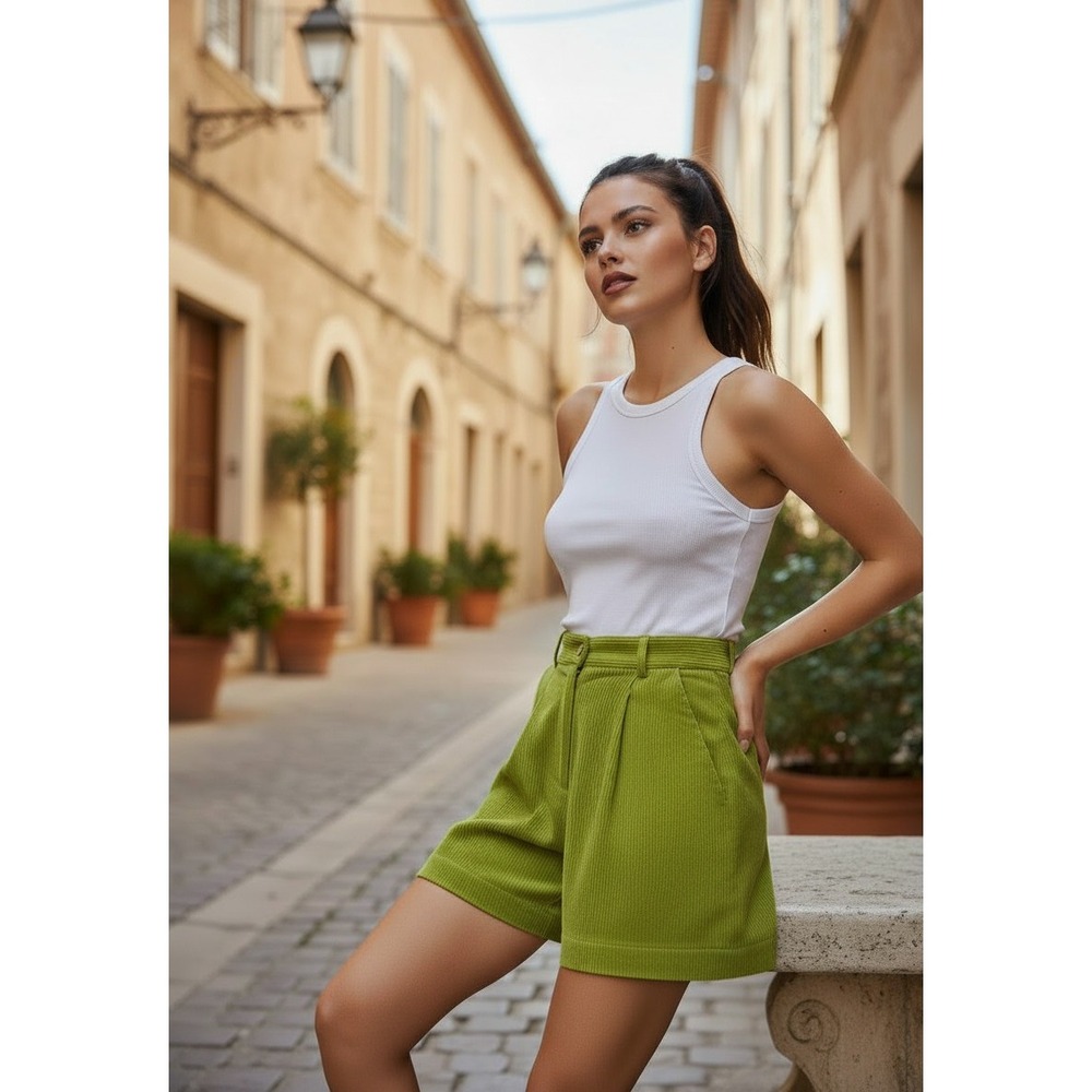 Chia Womens Lime Green 100% Leather High Waisted Pleated Shorts W26 L20‎ 2 4